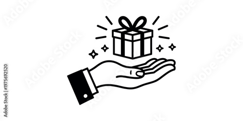 Hand holding a gift box with sparkles and radiating lines present offering  in white background