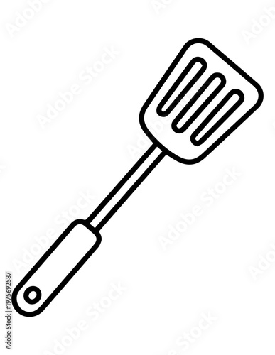 Simple line drawing of a kitchen spatula utensil for food preparation flipping and cooking isolated on a white background with preparation barbecue household accessory isolated