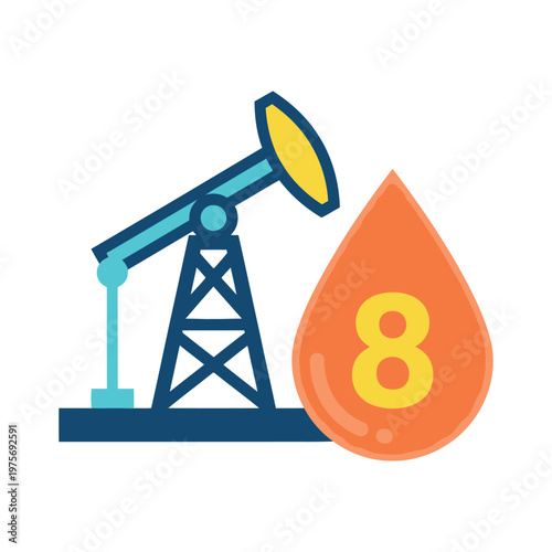 Oil pump jack with a large orange oil drop and number 8