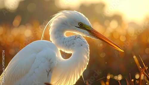 A white heron with a long orange beak stands in a sunny field