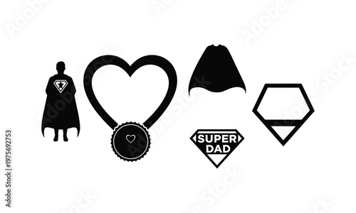 Super dad vector silhouette icons set, line art illustration of superhero and heart symbols.