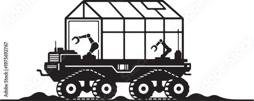 Industrial greenhouse tractor, heavy machinery, farming equipment, black silhouette