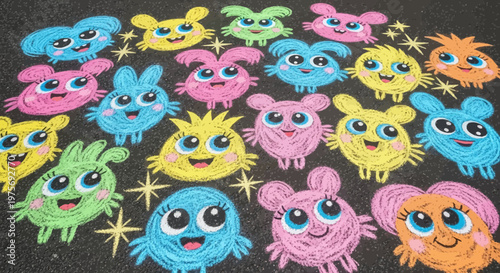 Cute Cartoon Monsters Chalk Drawing on Asphalt
