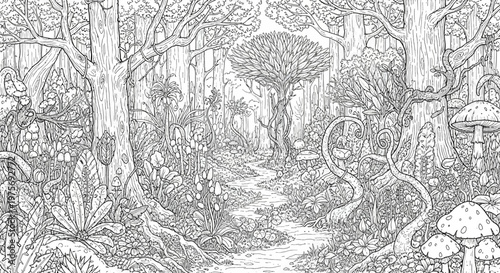 Enchanted forest path with mushrooms and whimsical trees, line art coloring page