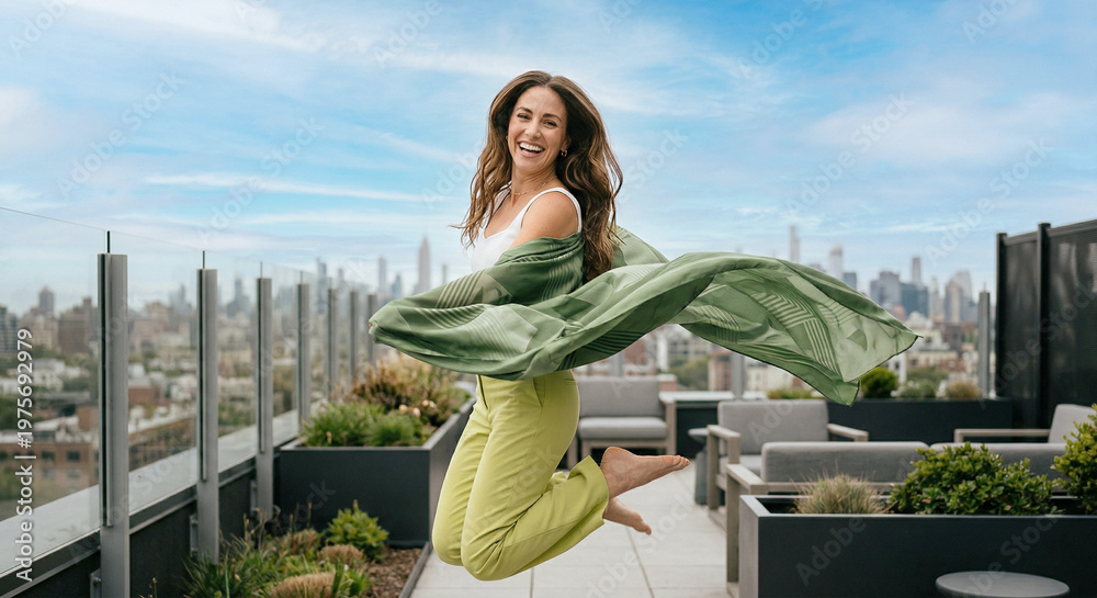 Fototapeta premium Happy young woman jumping with green fabric on rooftop with city skyline background, freedom and joy concept.