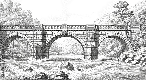Historic Stone Bridge Arches Over Rushing River, Vintage Sketch Illustration