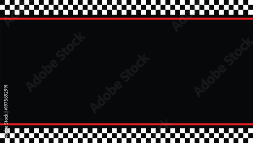 Racing poster background with checkered flag borders, black canvas layout with red stripe lines, motorsport themed banner frame for race events, sports promotions, automotive advertising design. Vecto