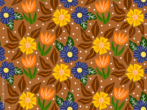 Seamless floral pattern in a cheerful and modern flat design style for textiles (clothes, bed sheet), wrapping paper, website background or interior decoration