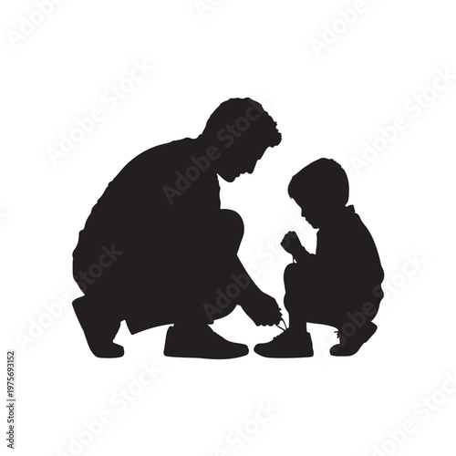Silhouette of a father kneeling to tie his son's shoelaces with a focus on the intimate moment of care and connection