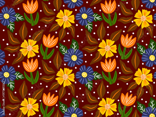 Seamless floral pattern in a cheerful and modern flat design style for textiles (clothes, bed sheet), wrapping paper, website background or interior decoration