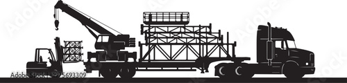 Heavy duty truck, crane, and scaffolding vector, industrial construction equipment, black silhouette, transportation and building site illustration