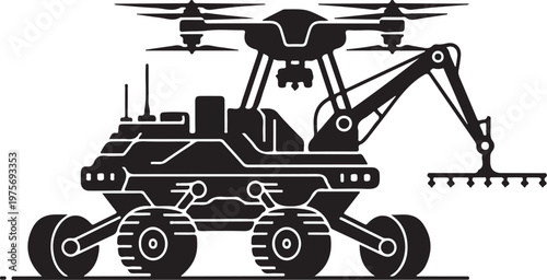 Black, industrial excavator, heavy machinery, construction equipment, vector illustration