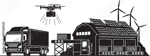 Sustainable energy, eco friendly farm, solar panels, wind turbines, drone delivery