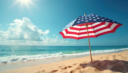 Beach umbrella with American flag design stands on sandy shore. Waves crash in blue ocean water under sunny sky. Summer holiday concept for outdoor events.