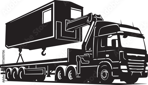 Black, industrial truck, heavy duty, transportation, construction, flatbed, trailer, vector