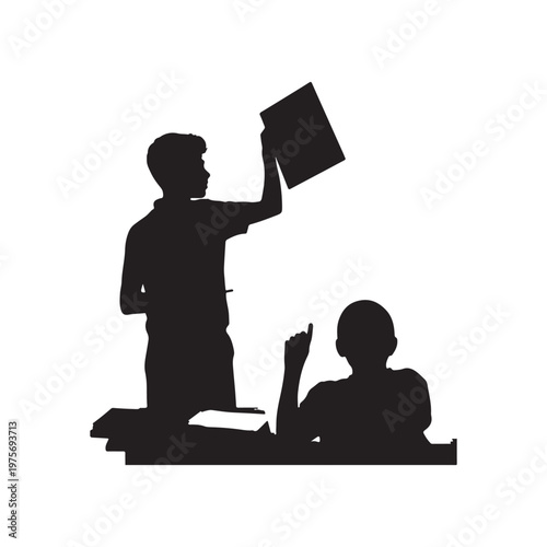 Silhouette of a teacher holding up a book and a student raising their hand in a classroom setting on a white background
