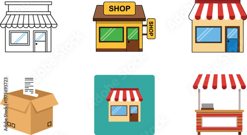 Shop Storefront and Market Stall Icons Set with Awning Retail Store Kiosk and Delivery Box Vector Illustration