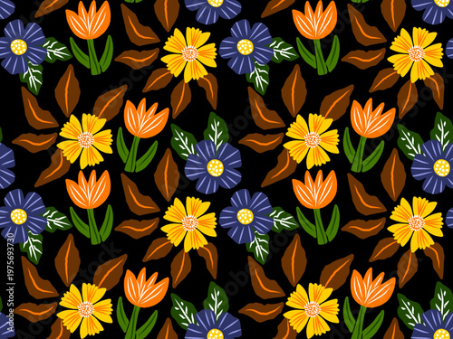 Seamless floral pattern in a cheerful and modern flat design style for textiles (clothes, bed sheet), wrapping paper, website background or interior decoration