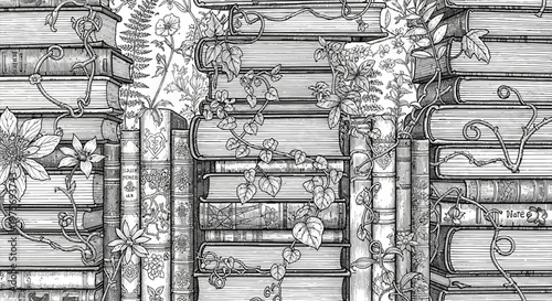 Vintage Bookshelf with Blooming Flowers and Vines - Black and White Illustration