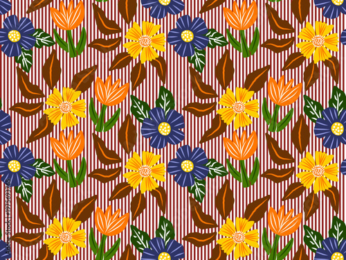 Seamless floral pattern in cheerful and modern flat design style for textiles (clothes, bed sheet), wrapping paper, website background or interior decoration