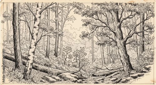 Vintage Forest Scene: Detailed Ink Drawing of a Woodland Path with Trees and Rocks