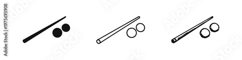 Billiard cue and balls icons set. Pool game equipment vector illustration in solid, outline, and hand-drawn doodle style.