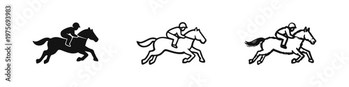 Horse racing icons set. Jockey riding a galloping horse vector illustration in solid, outline, and hand-drawn doodle style.