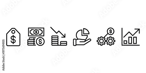 Set of six black outline representing financial concepts including price tag coins money graph gears and pie chart