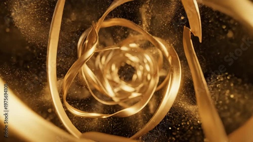 Abstract golden ribbon tunnel with swirling metallic loops and glowing dust particles, creating a luxurious motion background for event design, branding, presentations and festive visuals