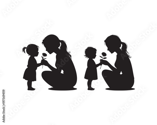 Silhouette of mother and child sharing flowers on white background daughter baby