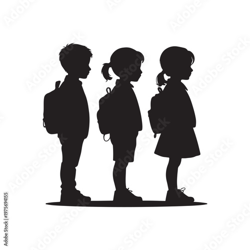 Silhouette of three children with backpacks standing in a line on a white background