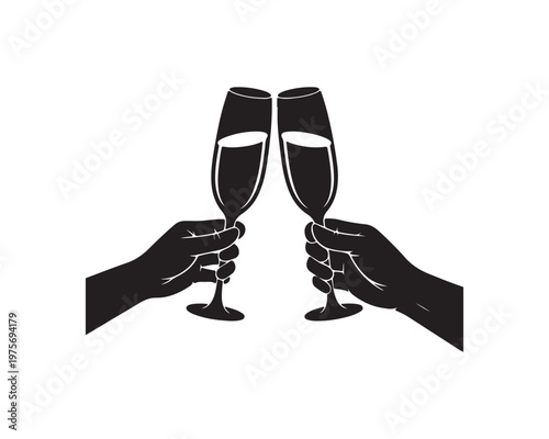 Silhouette of two hands holding champagne flutes clinking together in a toast on a white background Keywords: toast