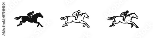 Horse racing icons set. Jockey riding a galloping horse vector illustration in solid, outline, and hand-drawn doodle style.
