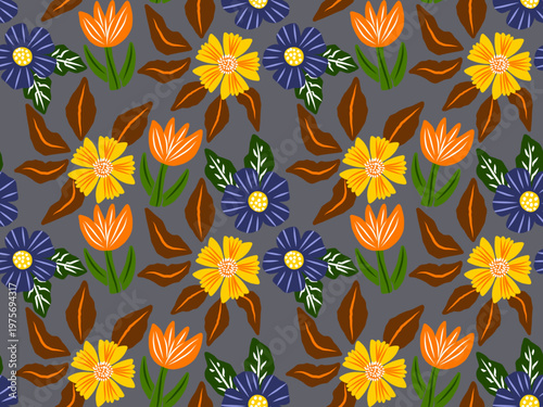 Seamless floral pattern in a cheerful and modern flat design style for textiles (clothes, bed sheet), wrapping paper, website background or interior decoration