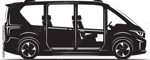 Black minivan silhouette, side view, modern design, vehicle icon