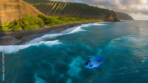 Aerial panorama of the West coast of Oahu, area of Papaoneone beach. Hawaii, USA. A blue fish in the water at the coast.