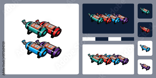 Vector illustration of dual exhaust mufflers with colorful metallic design. Suitable for automotive modification, racing themes, and mechanical engineering content.