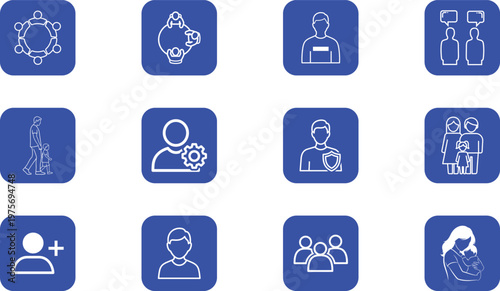 Set of 12 blue people, family, and user management icons.