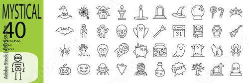 Mystical icon set. Editable stroke. Vector illustration.