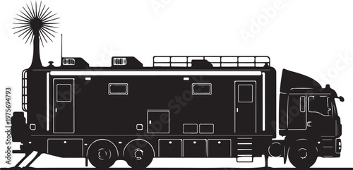 Black RV, motorhome, camper van, recreational vehicle, vector illustration, silhouette, travel trailer