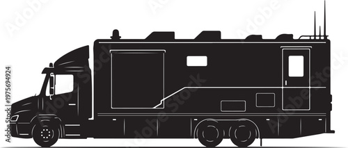 Black truck, motorhome, RV vector illustration, recreational vehicle, travel trailer