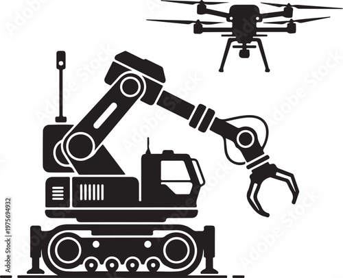 Industrial robotic arm, drone, black silhouette, mechanical vector icons