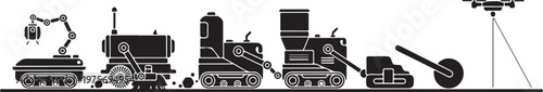 Industrial train, construction vehicles, heavy machinery icons, black and white, vector graphics