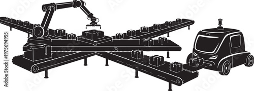 Industrial robotic arm, conveyor belt system, factory automation, manufacturing process