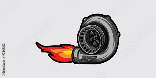 Creative turbocharger illustration with flame effect representing speed and high performance. Ideal for racing and automotive modification themes.