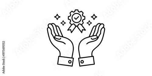 Two open hands holding a medal with a checkmark and stars ribbon in white background