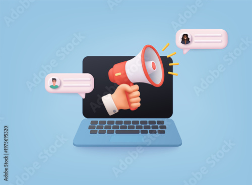 3D illustration of megaphone coming out of laptop screen with chat bubbles, representing digital marketing, online promotion, and communication with audience.