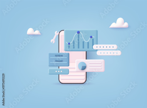 3D illustration of mobile analytics interface with charts, graphs, and data visualization elements, business performance tracking and digital analysis concept.