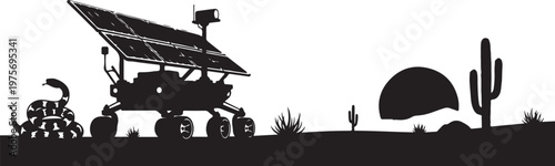 Black silhouette robotic rover, solar panel, desert landscape, robotic exploration