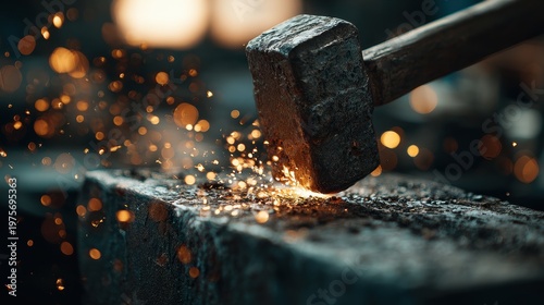 Close-up of a heavy metal hammer striking a dark anvil creating a shower of bright orange sparks in a dimly lit workshop with bokeh background